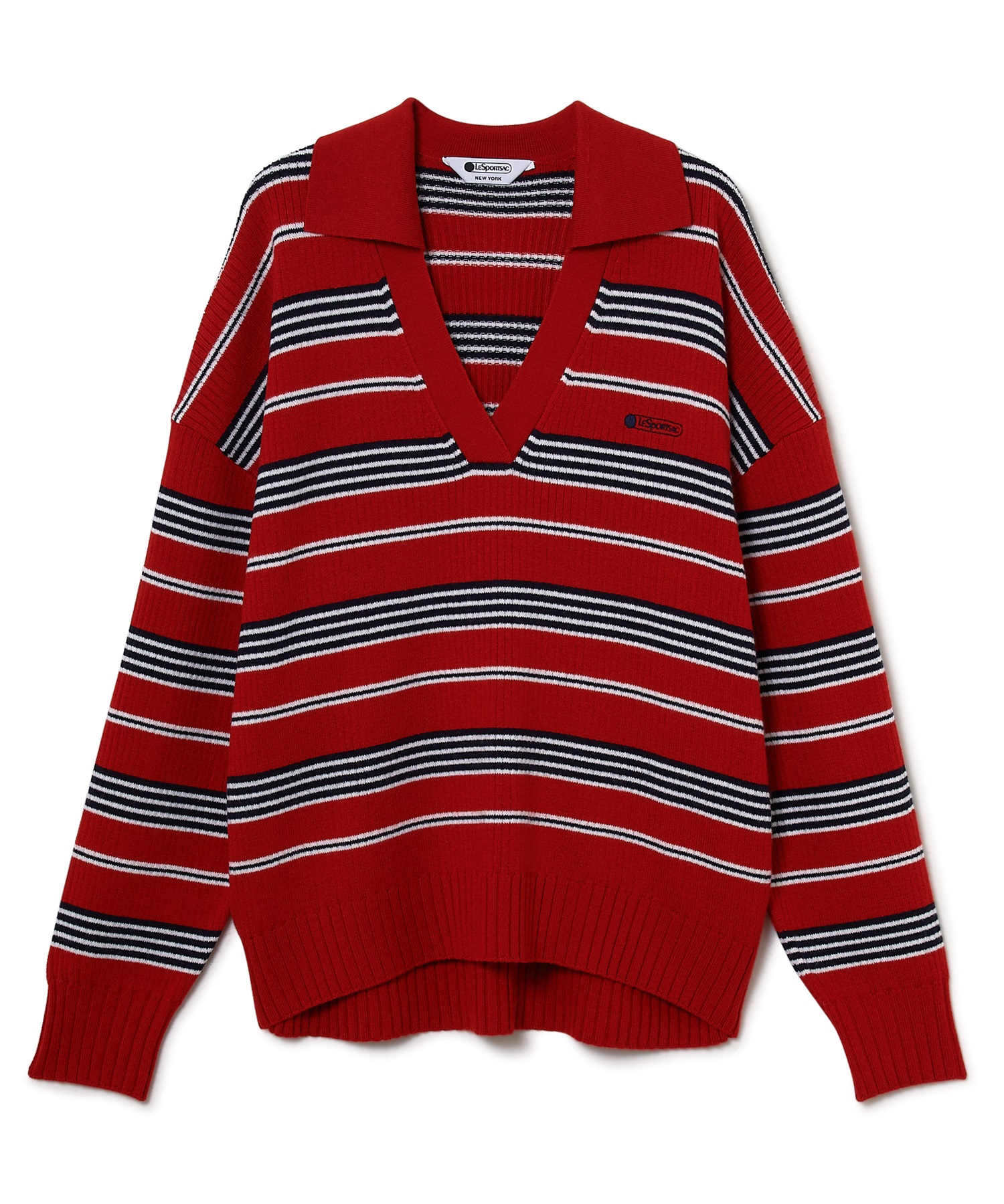 シャツカラーボーダーニットプルオーバー(レッド-F)