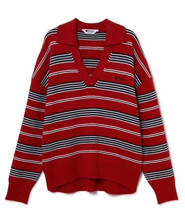シャツカラーボーダーニットプルオーバー(レッド-F)