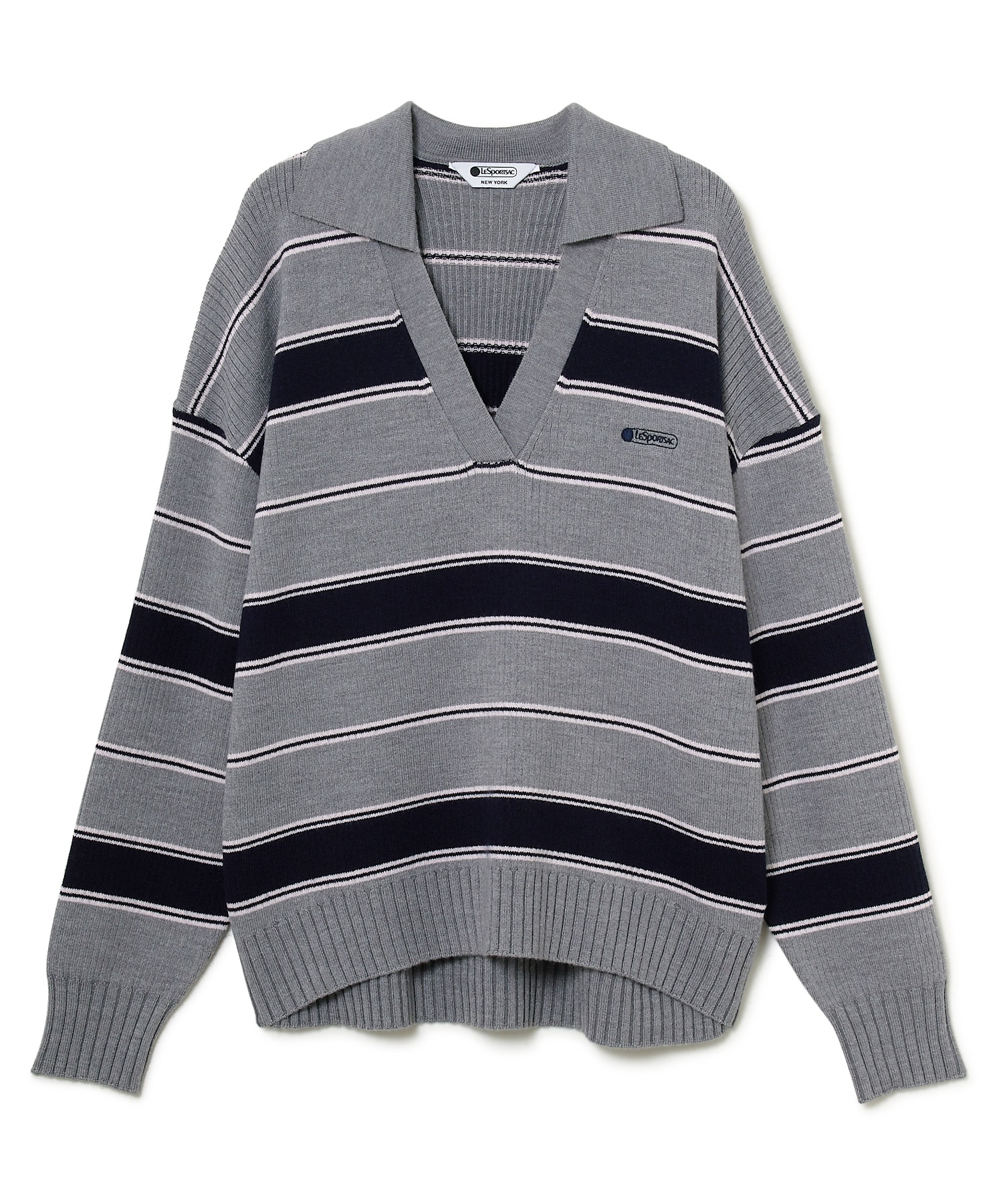 シャツカラーボーダーニットプルオーバー(グレー-F)