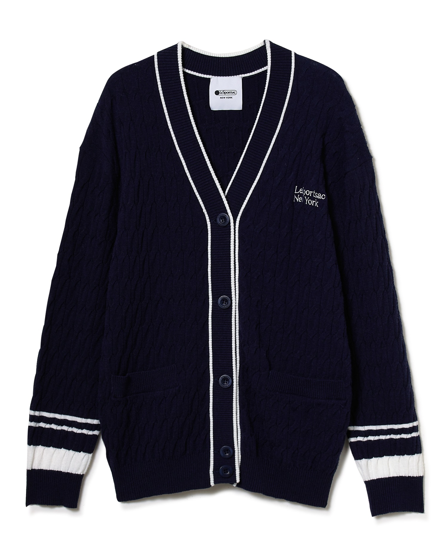 ライン入りニットカーディガン(ネイビー-F)