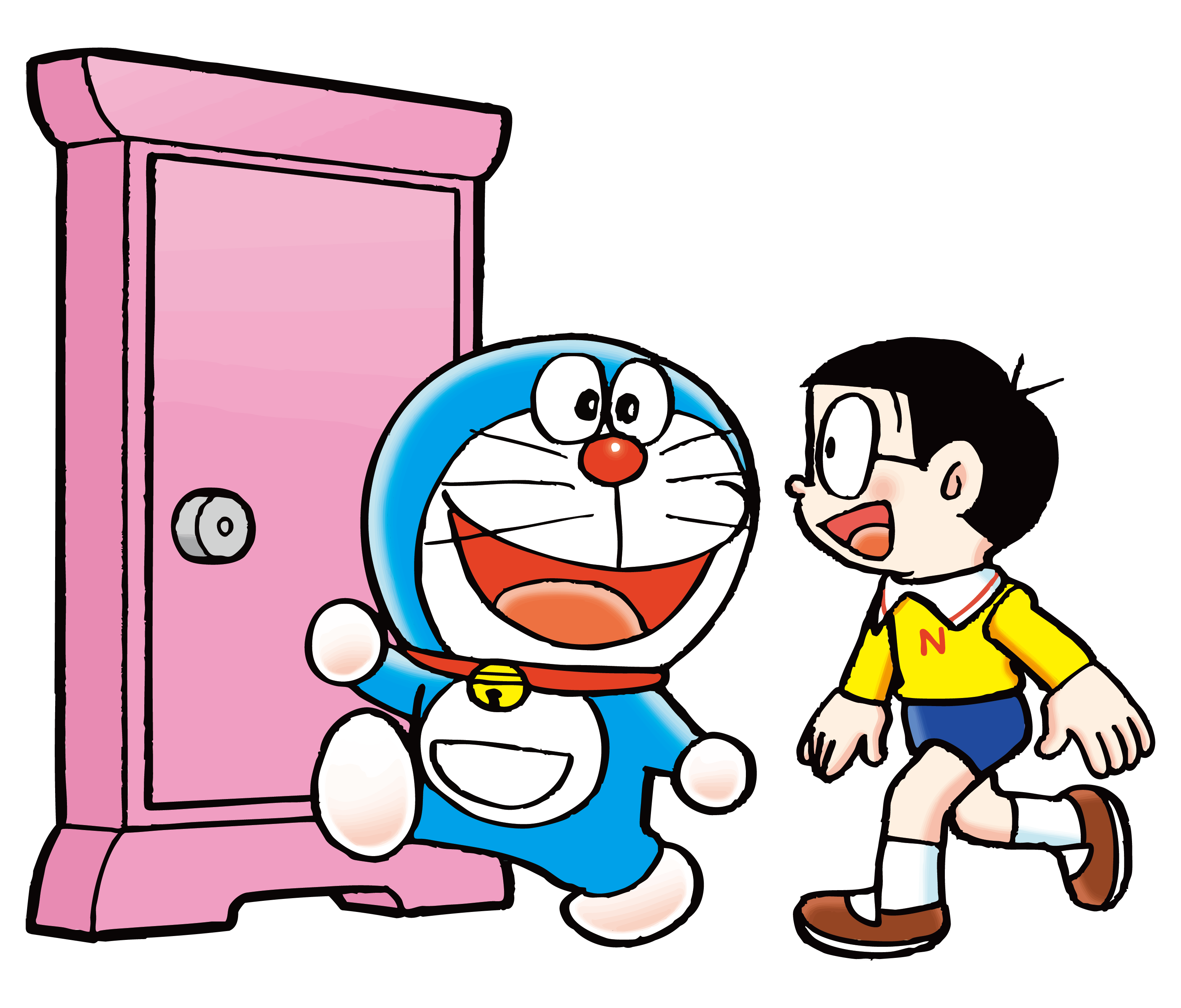 ドラえもんとのび太がどこでもドアに入るイラスト