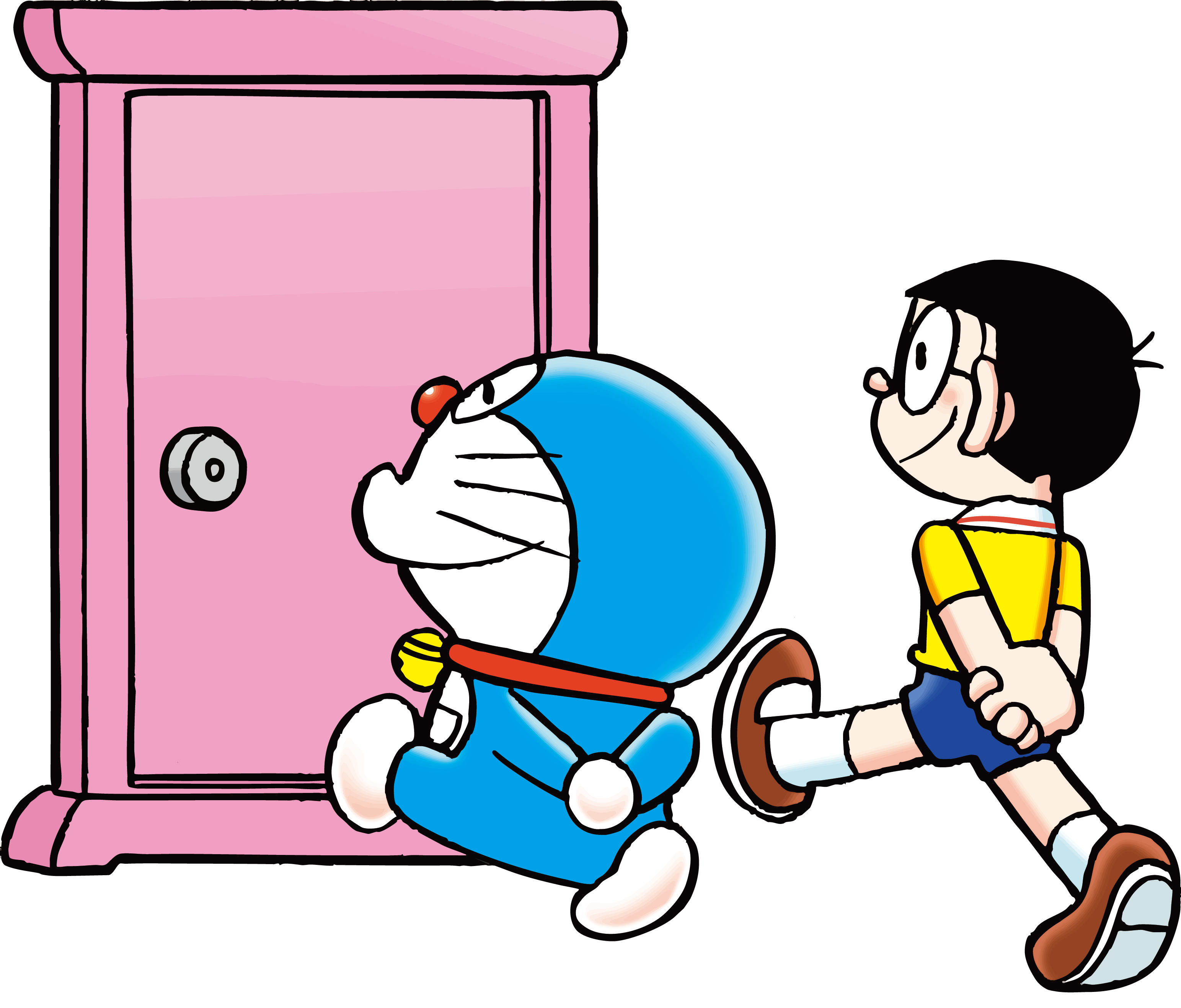 ドラえもんとのび太がどこでもドアに入るイラスト